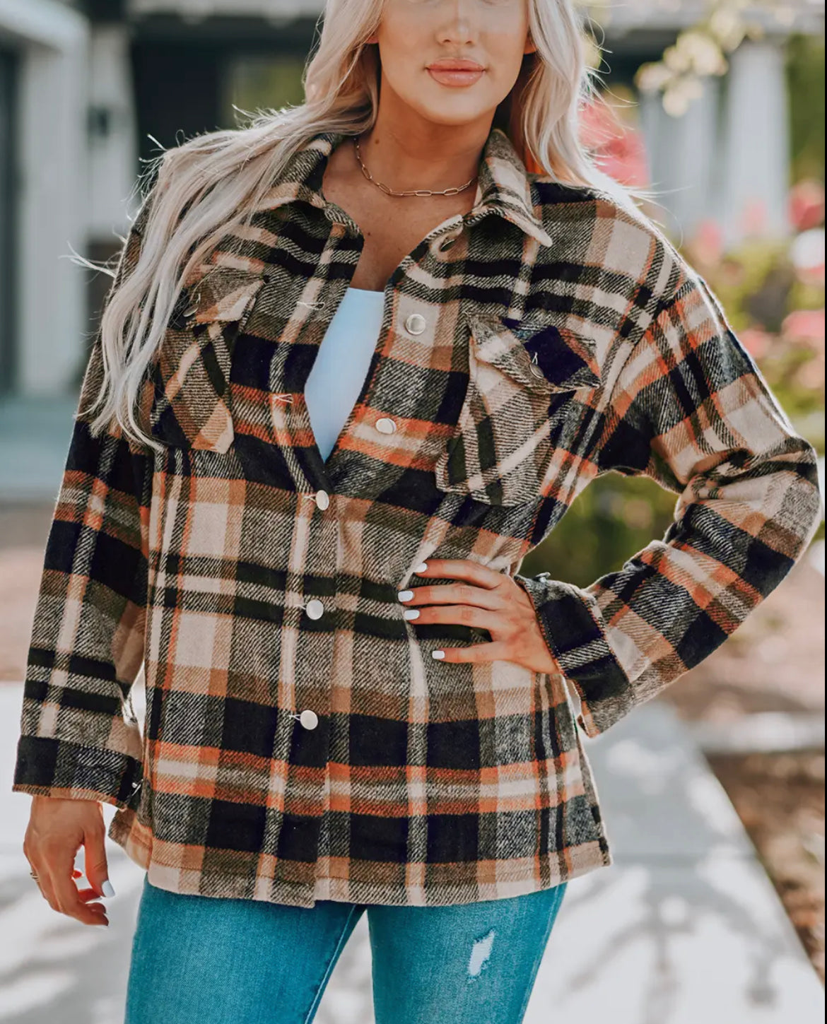 Plaid Print Pocketed Shacket with Orange