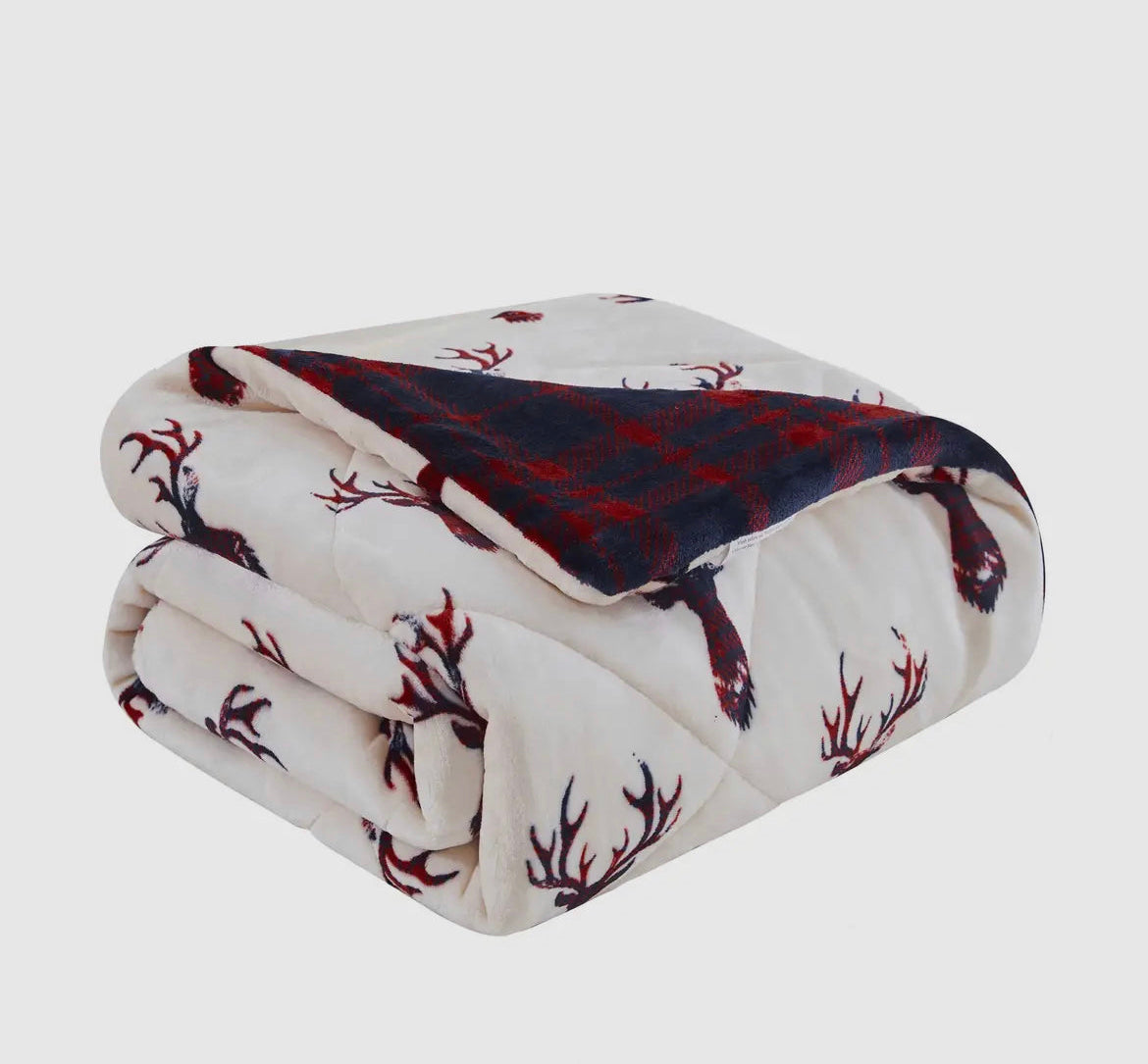 Deer Head Red Navy Printed Velvet and Velvet Throw Blanket