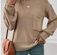 WOMEN SOLID COLOR CREW NECK POCKET SWEATER KHAKI